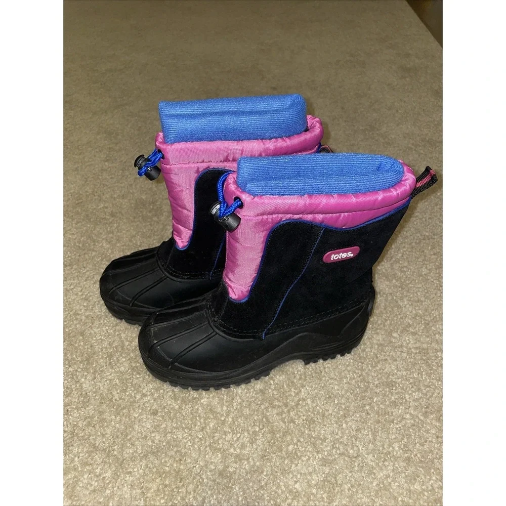 Totes Kids Snow Boots Black Pink Blue Waterproof Winter Insulated Size 4 NEW